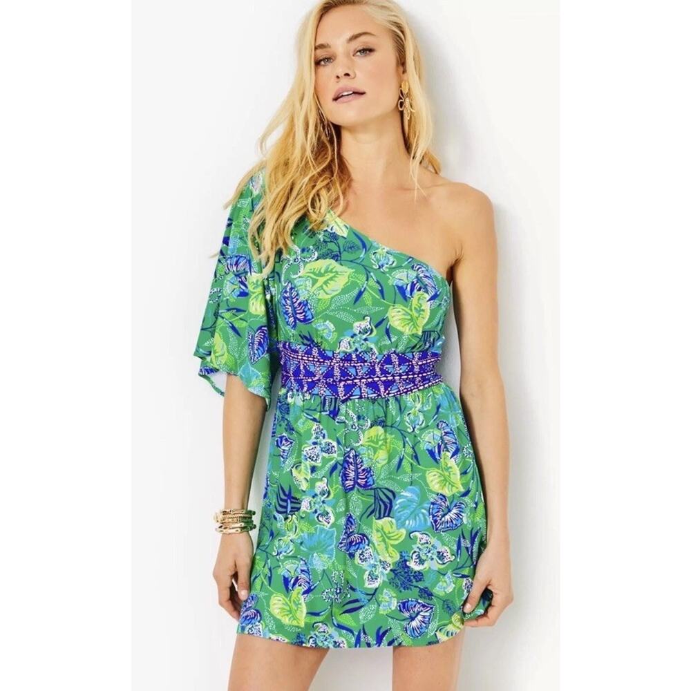 Lilly Pulitzer one-shoulder tropical dress w/built-in shorts, sz 2, ret.$168